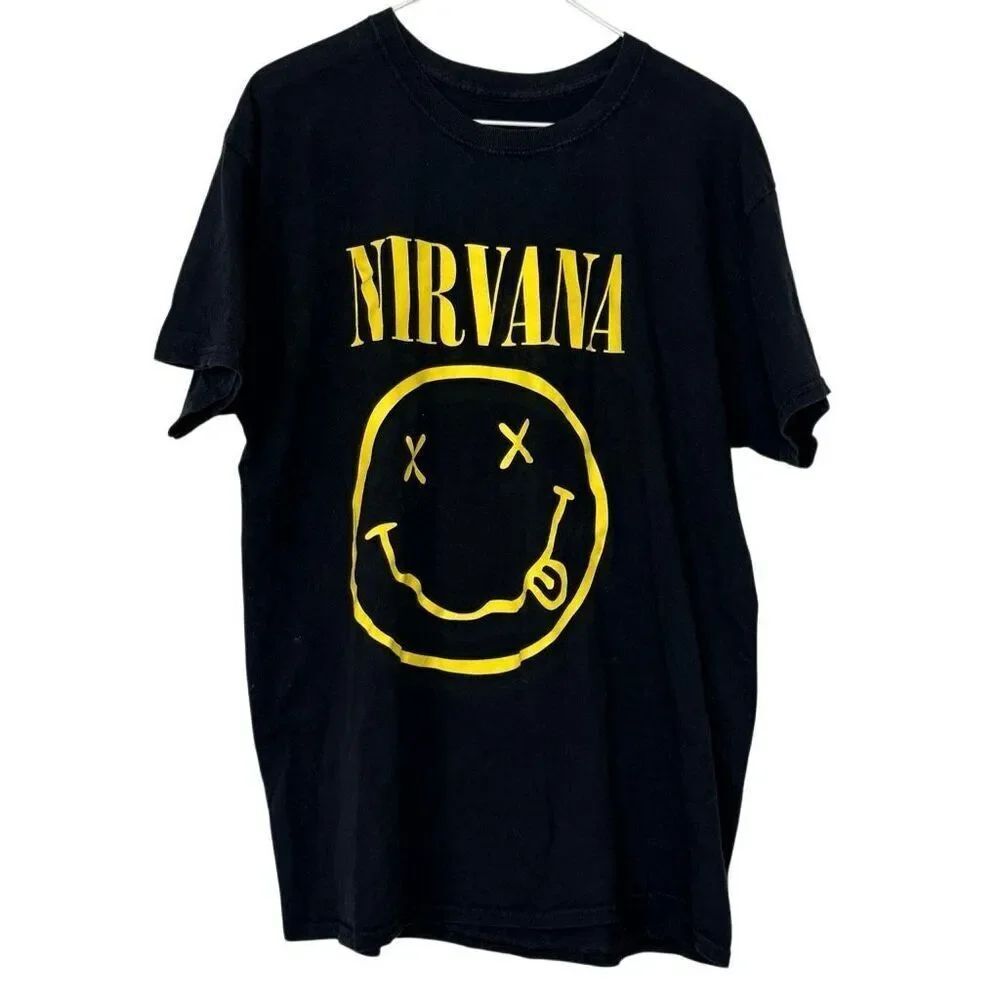 Nirvana Smiley Face Crew Neck Short Sleeve Graphic Black T-Shirt Size Large